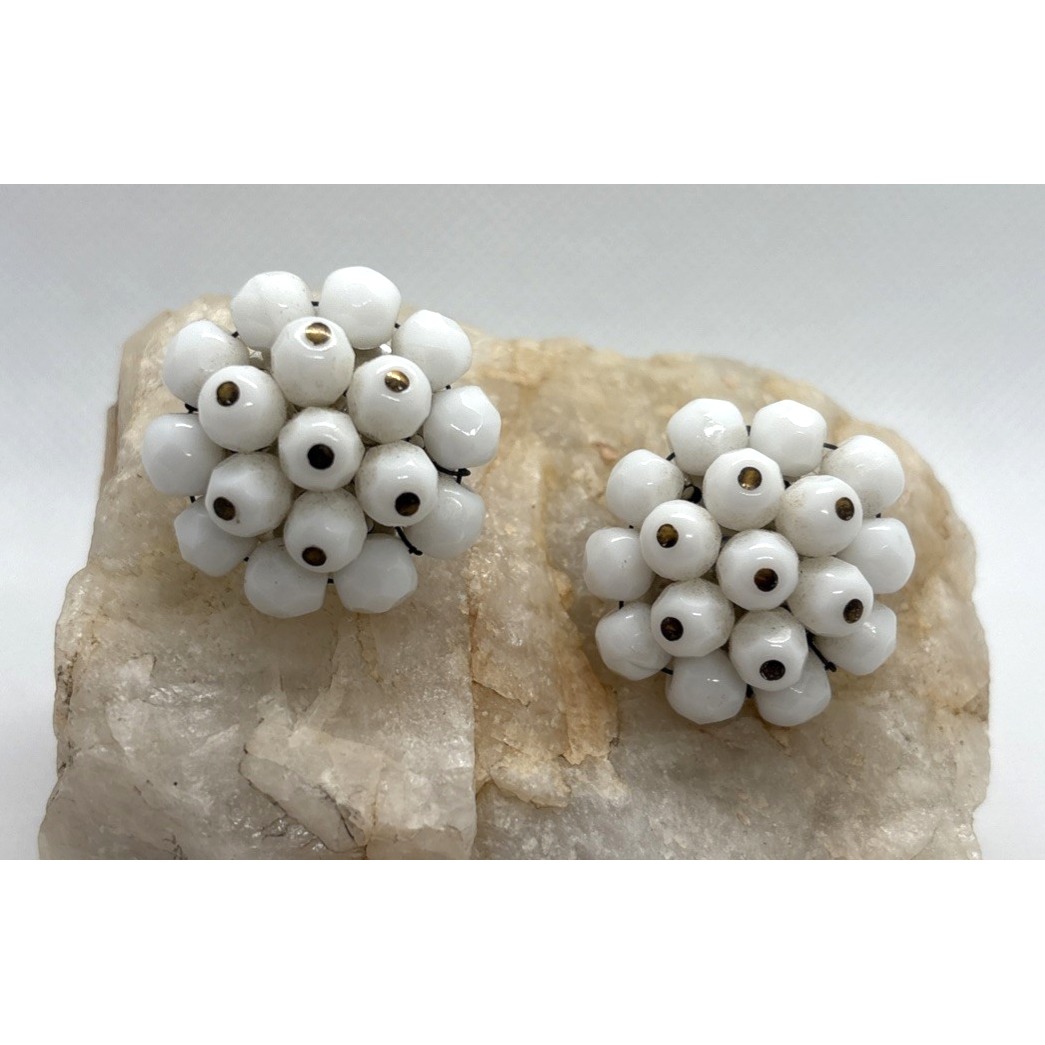 Vintage Laguna Clip On Earrings White Crystal Cluster Silver Tone 1960s Retro